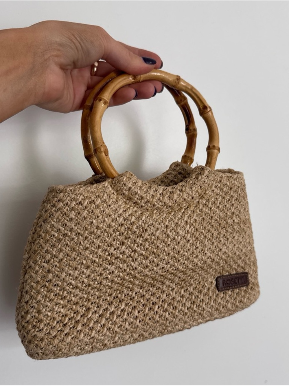 Beige Woven Shoulder Bag with Bamboo Ring Handles - Picture 3 of 3